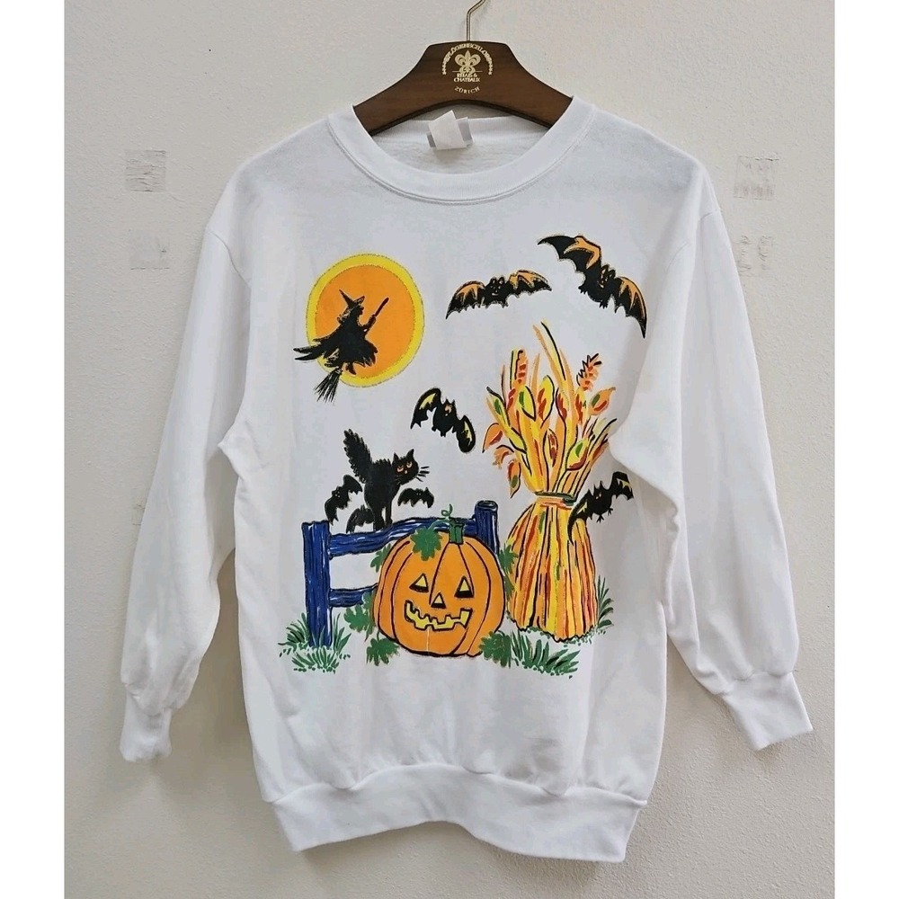 Vintage 90s Haband for her Halloween Witch Black Cat Bats Sweatshirt
